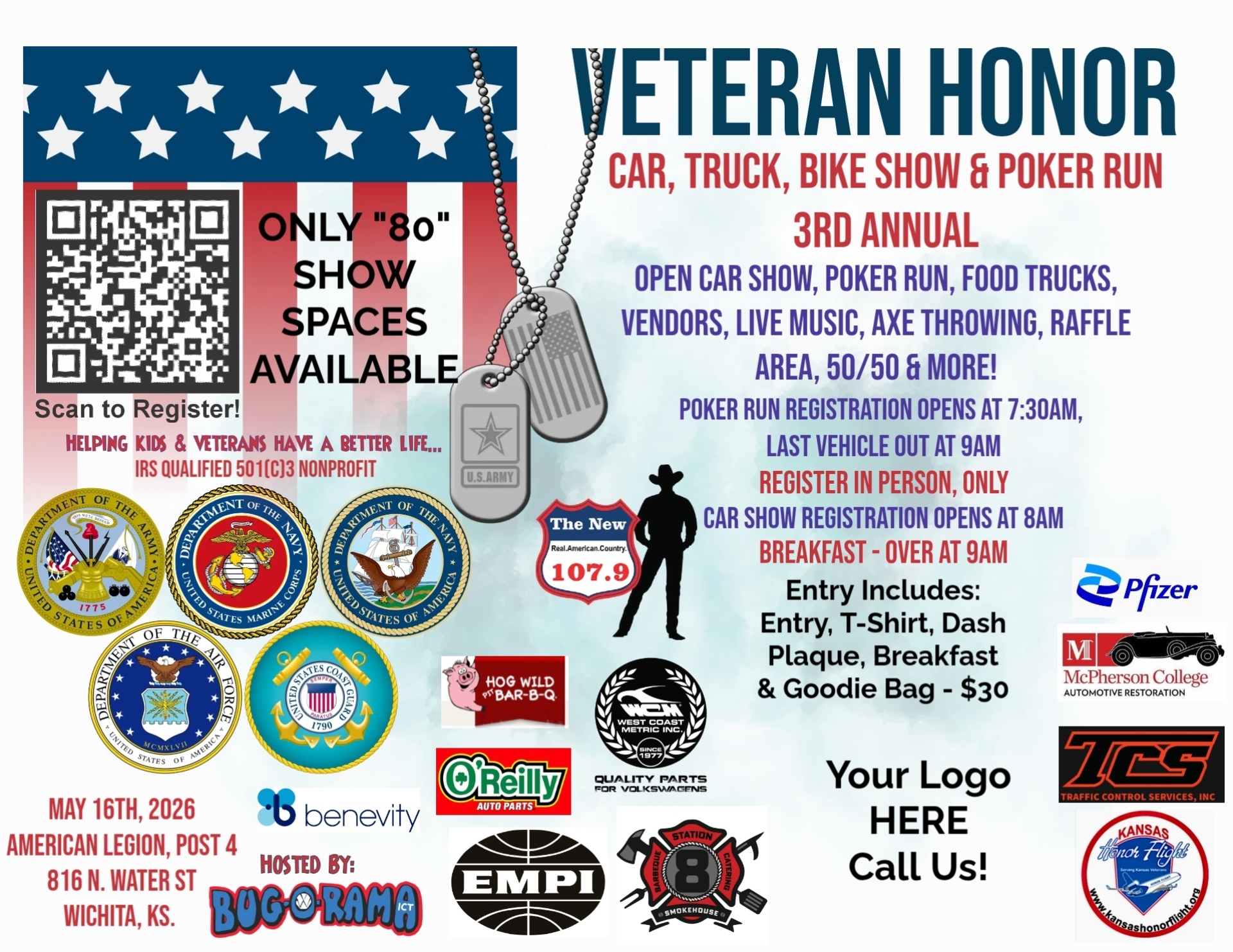 Veteran Honor Car, Truck, Bike Show & Poker Run event at American Legion, Post 4 in Wichita, KS on May 16, 2026