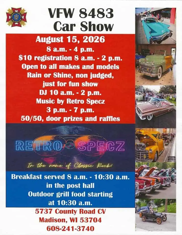 VFW 8483 Car Show event at 5737 Cr-Cv in Madison, WI on August 15, 2026
