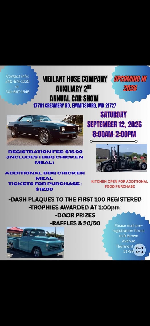 Vigilant Hose Company Auxiliary 2nd Annual Car Show event at 17701 Creamery Rd in Emmitsburg, MD on September 12, 2026