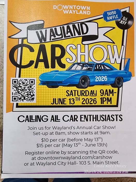 Wayland Car Show event at Wayland City Hall in Wayland, MI on June 13, 2026