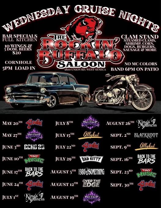 Wednesday Cruise Nights event at The Rockin' Buffalo Saloon in West Seneca, NY on July 8, 2026