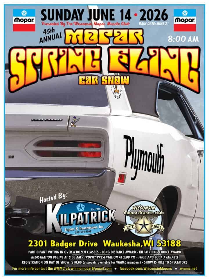 WMMC'S 2026 Spring Fling MOPAR Car Show at Kilpatrick's!! event at 2301 Badger Dr in Waukesha, WI on June 14, 2026