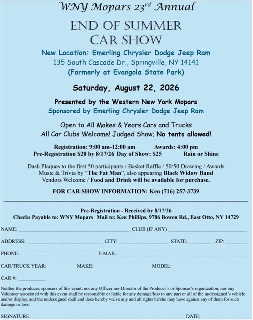 WNY Mopars 23rd Annual End Of Summer Car Show event at Emerling Chrysler Dodge Jeep Ram in Springville, NY on August 22, 2026