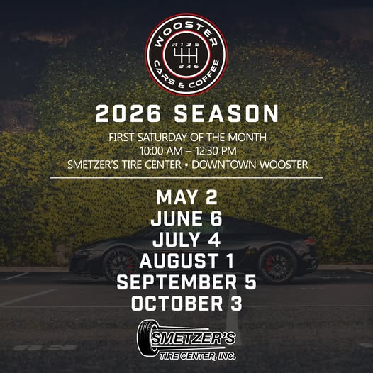 Wooster Cars & Coffee event at Smetzer's Tire Center in Wooster, OH on May 2, 2026