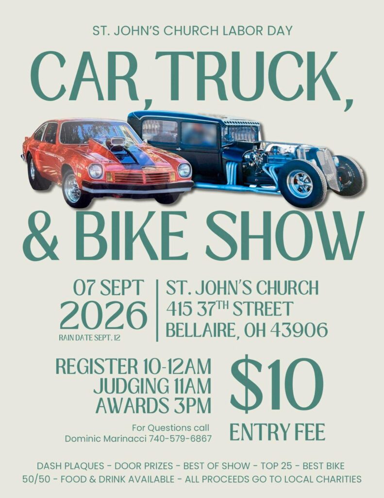 St. John's Church Labor Day Car, Truck, & Bike Show event at St. John's Church in Bellaire, OH on September 7, 2026