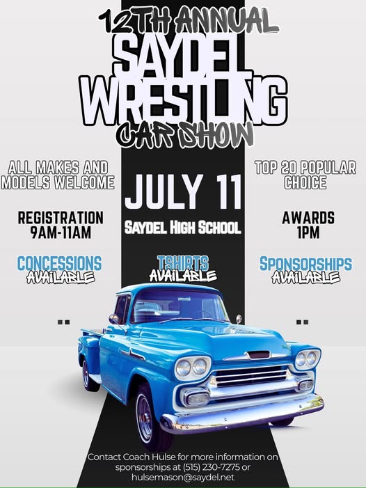 12th Annual Saydel Wrestling Car Show event at Saydel High School in Des Moines, IA on July 11, 2026