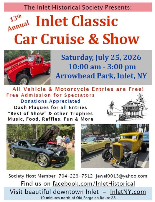 13th Annual Inlet Classic Car Cruise & Show event at Arrowhead Park in Inlet, NY on July 25, 2026