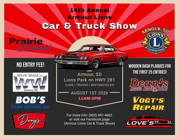 14th Annual Armour Lions Car & Truck Show event at Lions Park on HWY 281 in Armour, SD on August 1, 2026