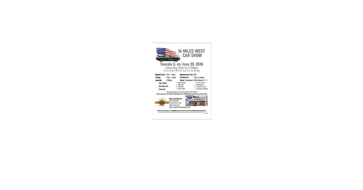 16 Miles West Car Show event at Ervin Park in Tuscola, IL on June 20, 2026
