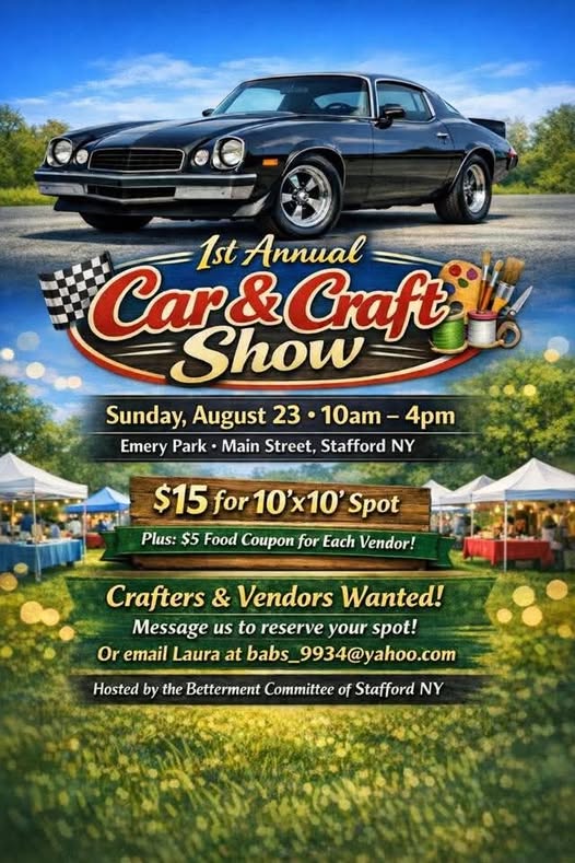 1st Annual Car & Craft Show event at Emery Park in Stafford, NY on August 23, 2026