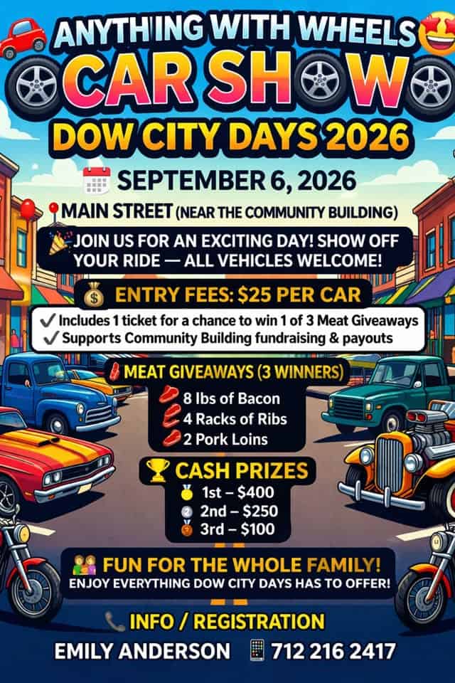 2026 Anything with Wheels event at Dow City Community Club in Dow City, IA on September 6, 2026