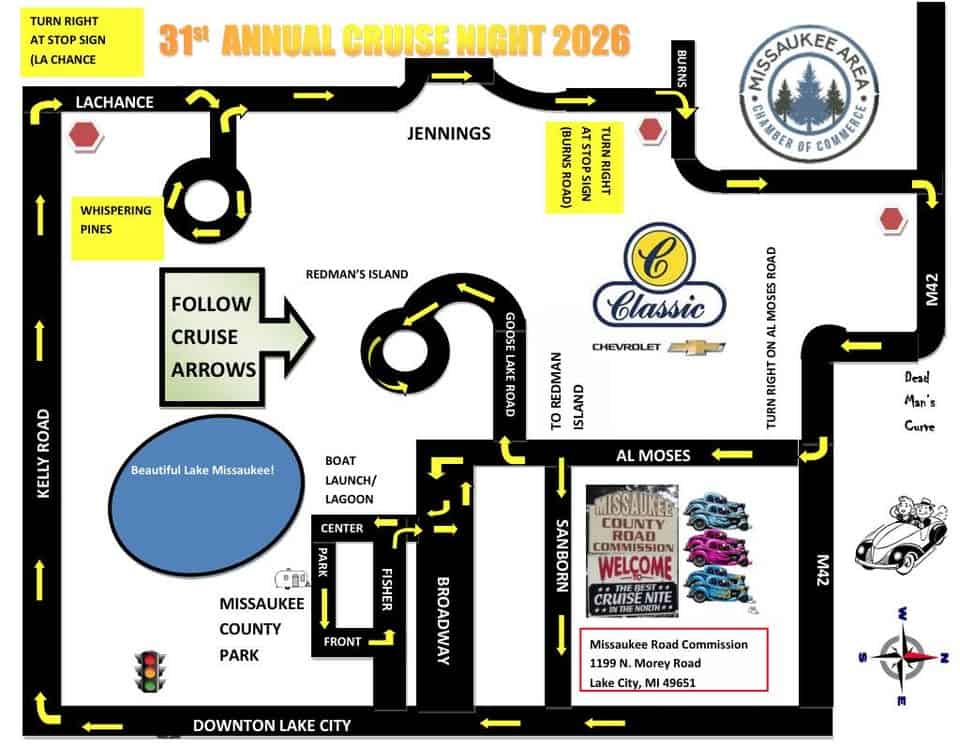 2026 Cruise Night event at 1199 N. Morey Rd. in Lake City, MI on August 7, 2026