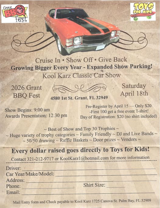 2026 Grant BBQ Fest Kool Karz Classic Car Show event at 4580 1st St in Grant, FL on April 18, 2026
