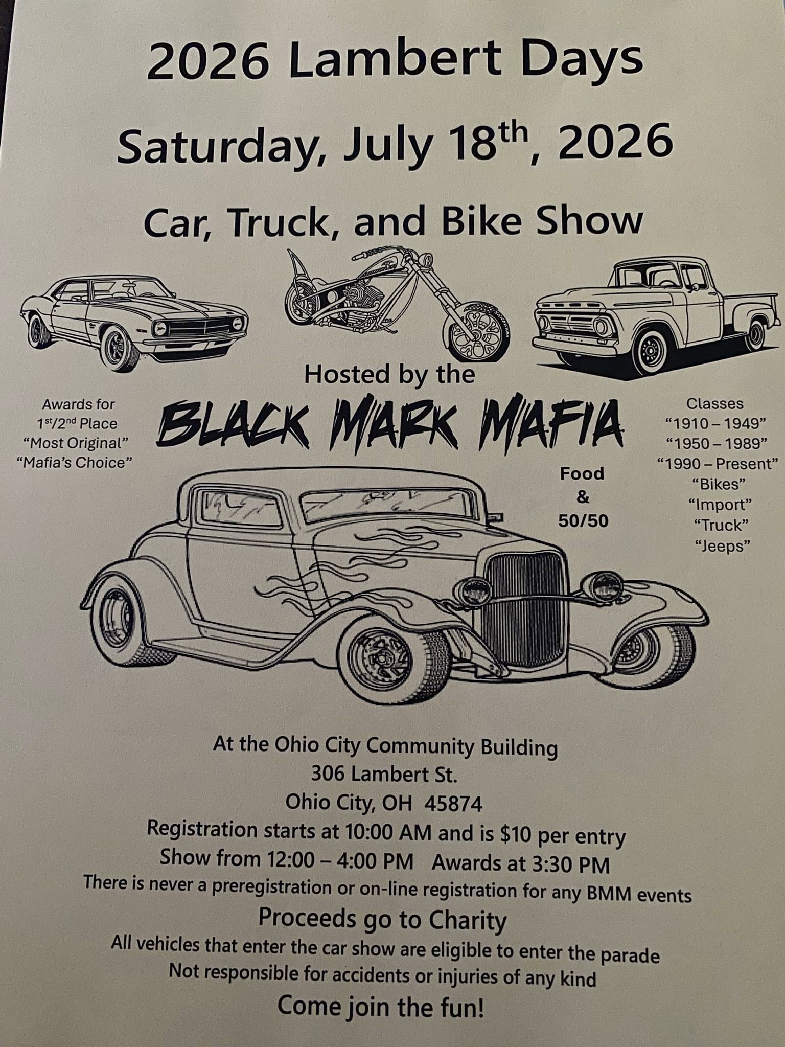 2026 Lambert Days Car, Truck, and Bike Show Hosted by the Black Mark Mafia event at Ohio City Community Building in Ohio City, OH on July 18, 2026
