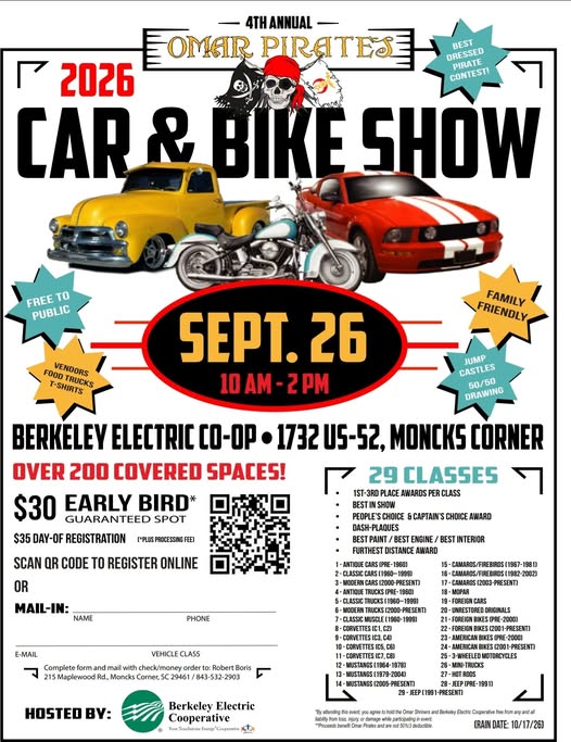 2026 Omar Pirates Car & Bike Show event at Berkeley Electric Co-Op in Moncks Corner, SC on September 26, 2026