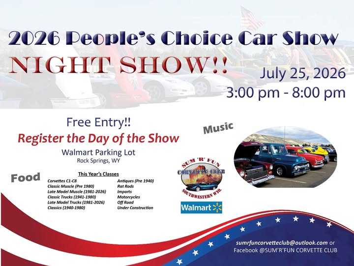 2026 People's Choice Car Show NIGHT SHOW!! event at Walmart Parking Lot in Rock Springs, WY on July 25, 2026