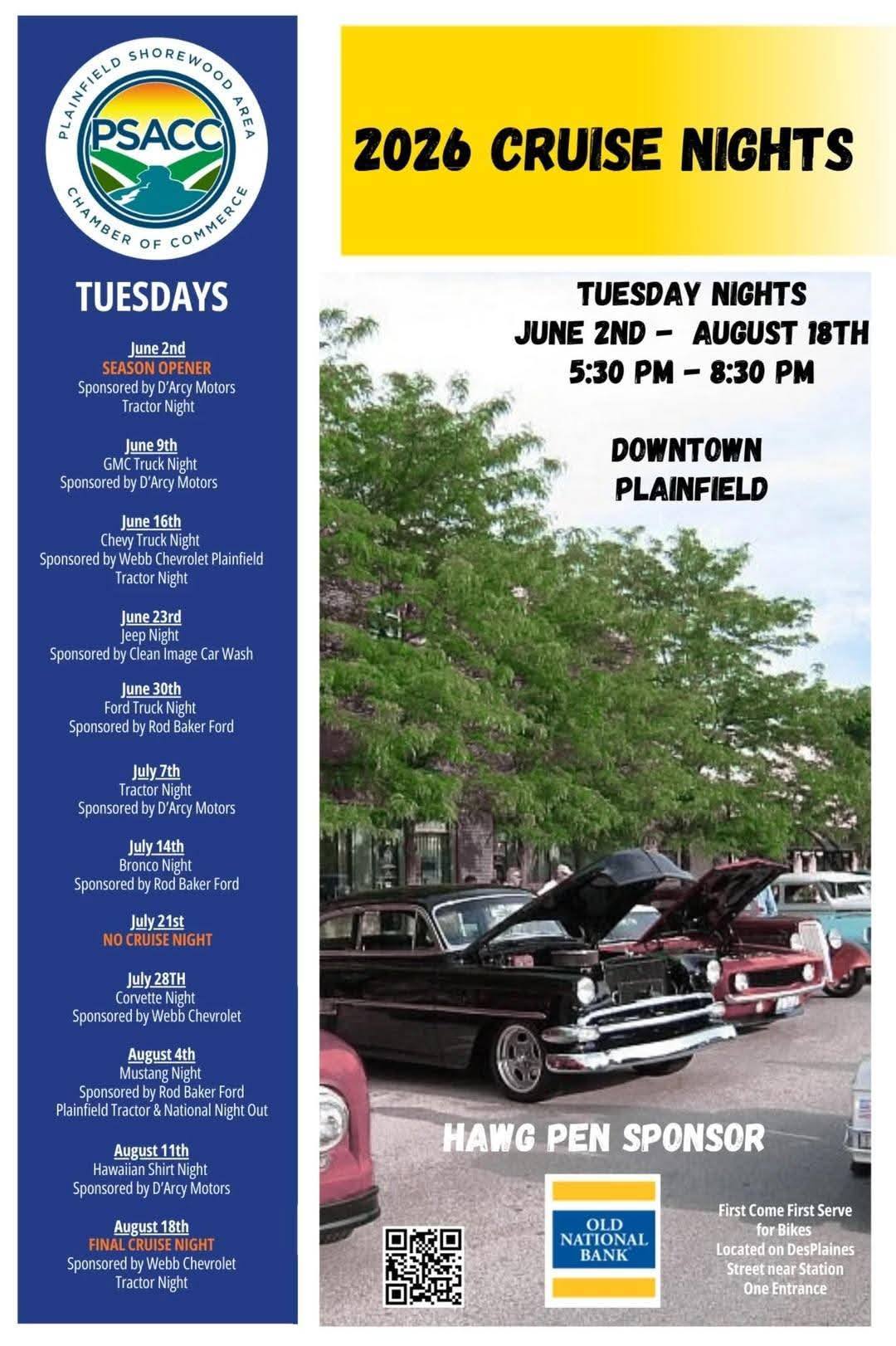 2026 Plainfield Cruise Nights event at Downtown Plainfield in Plainfield, IL on June 2, 2026