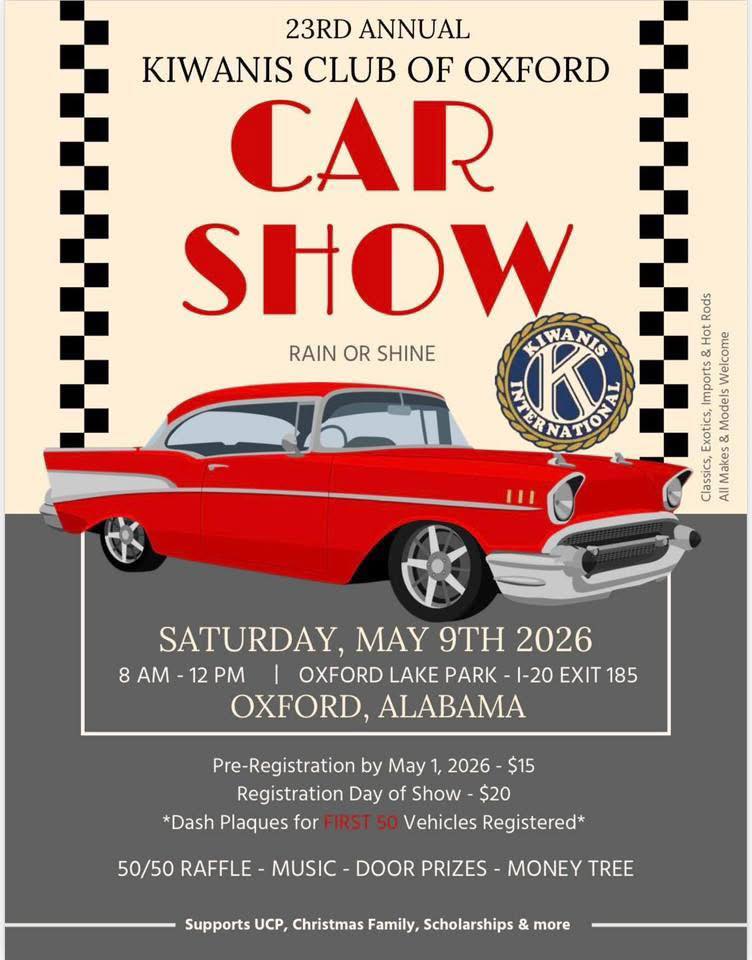23rd Annual Kiwanis Club Of Oxford Car Show event at Oxford Lake Park in Oxford, AL on May 9, 2026