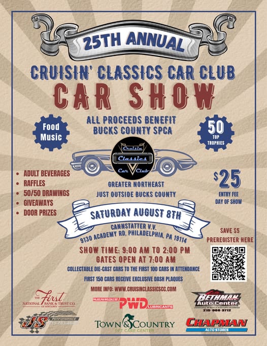 25th Annual Cruisin' Classics Car Club Car Show event at Cannstatter V. V. in Philadelphia, PA on August 8, 2026