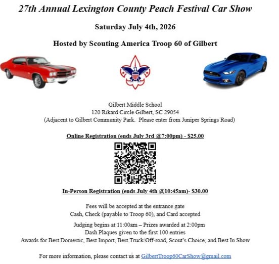 27th Annual Lexington County Peach Festival Car Show event at Gilbert Middle School in Gilbert, SC on July 4, 2026