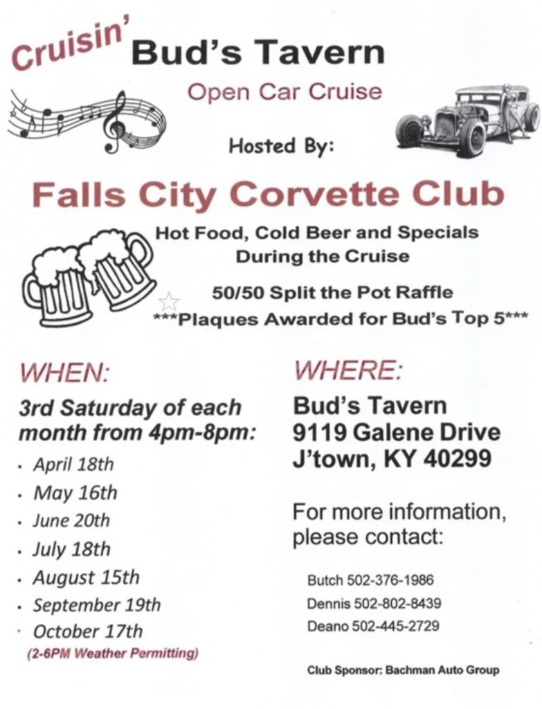 Cruisin' Bud's Tavern Open Car Cruise event at Bud's Tavern in J'town, KY on May 21, 2026