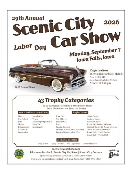29th Annual Scenic City Car Show event at Iowa Falls in Iowa Falls, IA on September 7, 2026