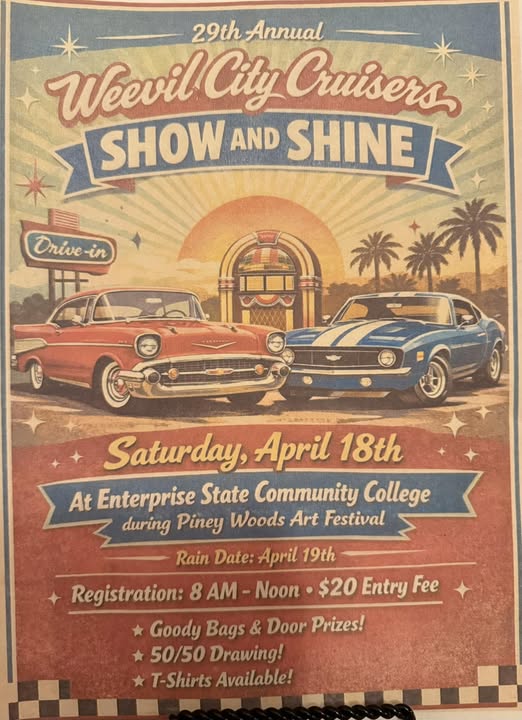 29th Annual Weevil City Cruisers Show And Shine event at Enterprise State Community College in Enterprise, AL on April 18, 2026