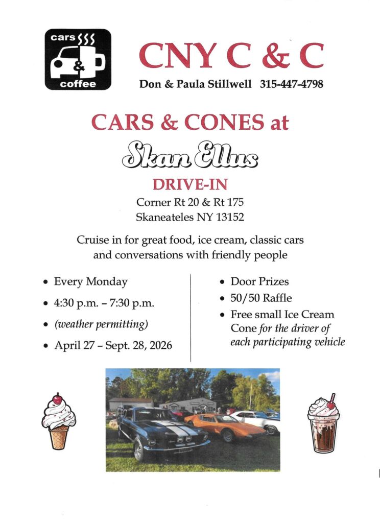 CNY C & C CARS & CONES at Skan Ellus DRIVE-IN event at Skan Ellus DRIVE-IN in Skaneateles, NY on April 27, 2026