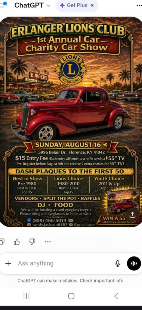 Erlanger Lions Club 1st Annual Car Charity Car Show event at 5996 Belair Dr. in Florence, KY on August 16, 2026