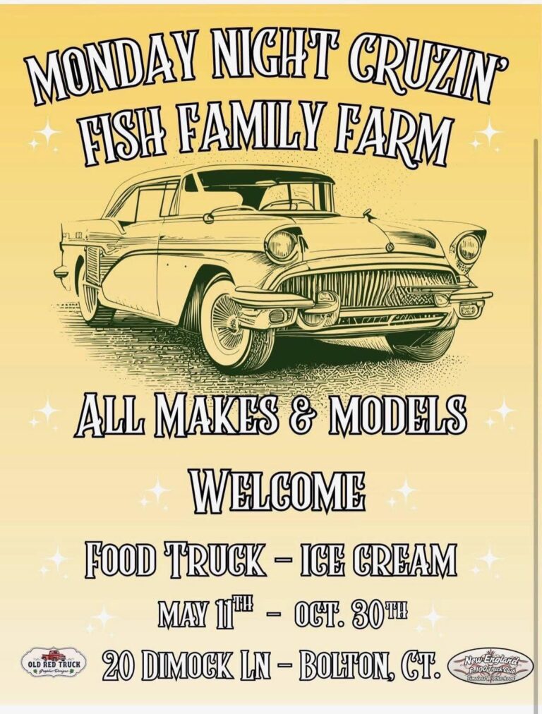 Monday Night Cruzin’ Fish Family Farm car show in Bolton, CT