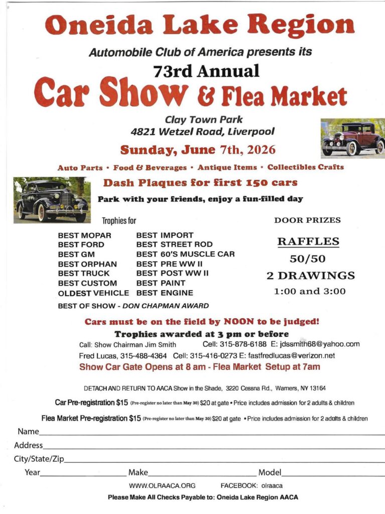 Oneida Lake Region Automobile Club of America presents its 73rd Annual Car Show & Flea Market event at Clay Town Park in Liverpool, NY on June 7, 2026
