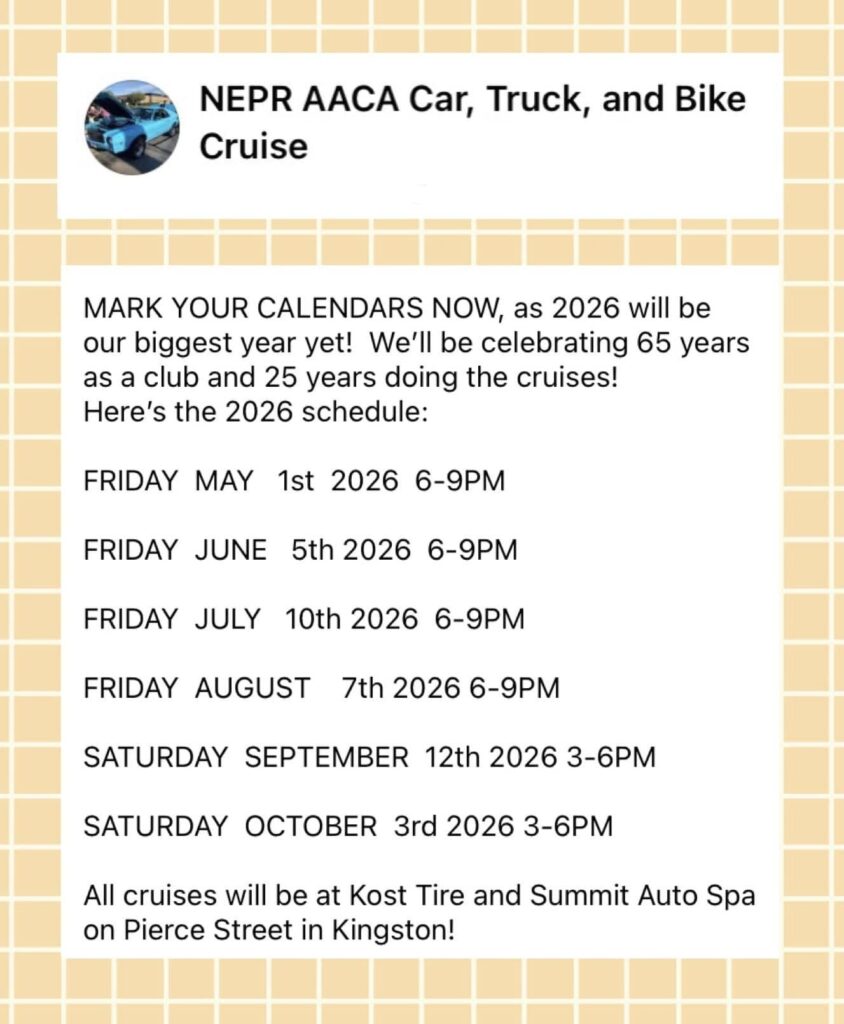 NEPR AACA Car, Truck, And Bike Cruise event at Kost Tire And Summit Auto Spa in Kingston, PA on May 1, 2026