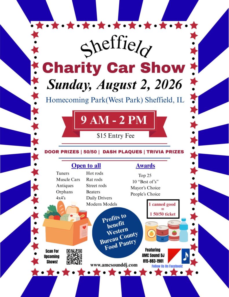 Sheffield Charity Car Show event at Homecoming Park(West Park) in Sheffield, IL on August 2, 2026