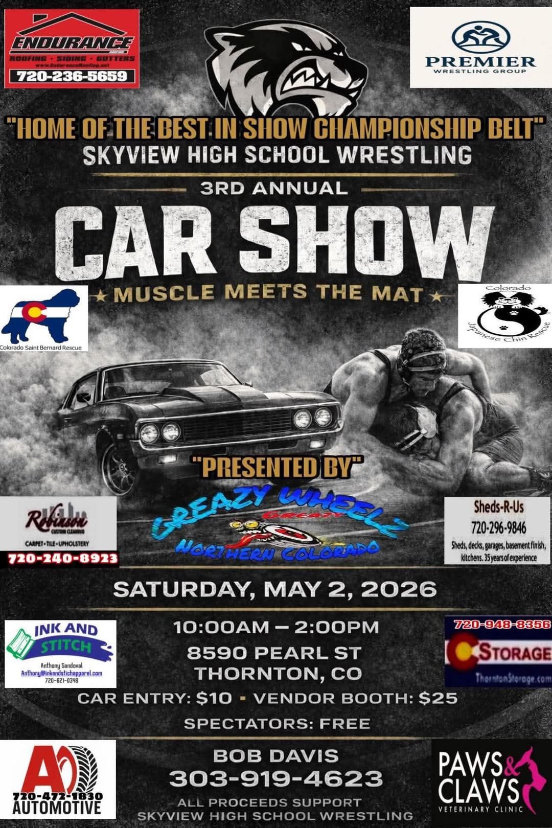 3rd Annual Car Show Muscle Meets The Mat event at 8590 Pearl St in Thornton, CO on May 2, 2026