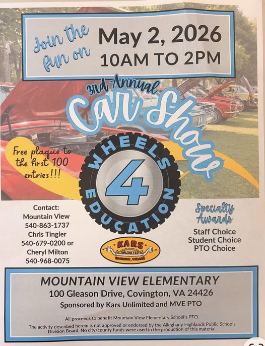 3rd Annual Car Show Wheels 4 Education event at Mountain View Elementary in Covington, VA on May 2, 2026
