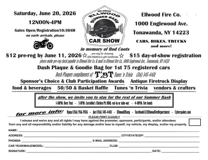 3rd Annual Ellwood Summer Bash Car Show event at Ellwood Fire Co. in Tonawanda, NY on June 20, 2026