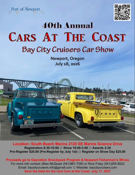 40th Annual Cars At The Coast Bay City Cruisers Car Show event at South Beach Marina in Newport, OR on July 18, 2026
