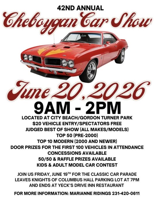 42nd Annual Cheboygan Car Show event at City Beach/Gordon Turner Park in Cheboygan, MI on June 20, 2026
