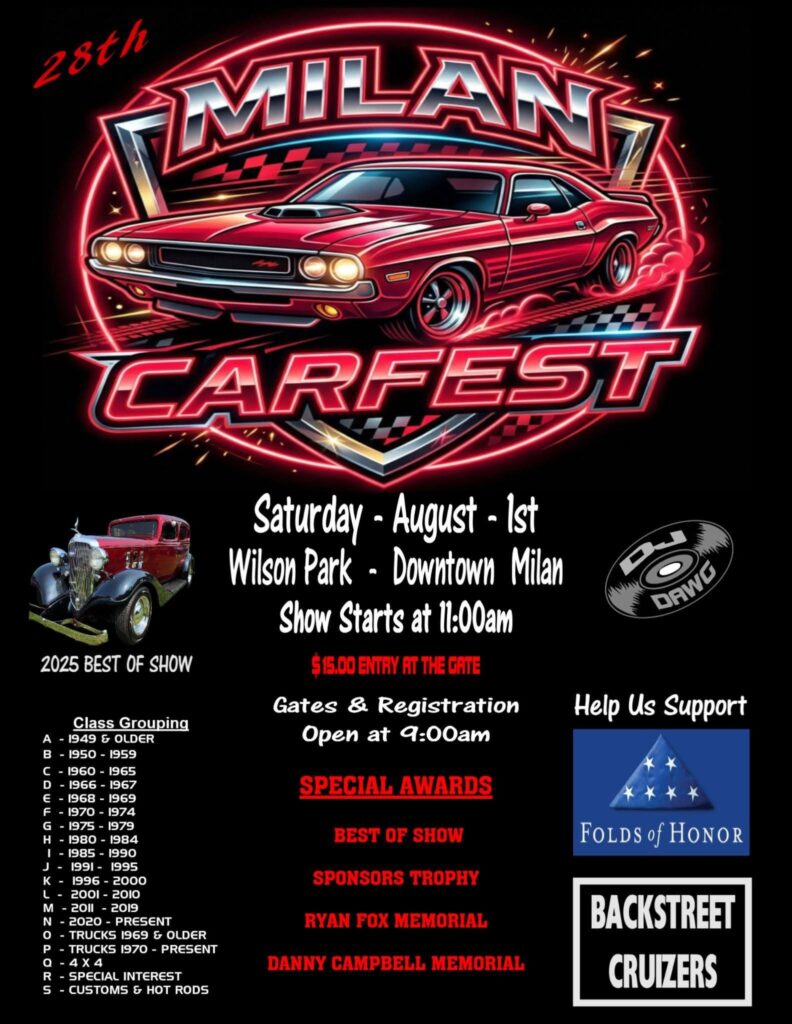28th Milan Carfest event at Wilson Park in Milan, MI on August 1, 2026