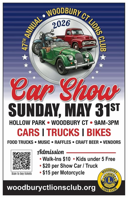47th Annual Woodbury CT Lions Club Car Show event at Hollow Park in Woodbury, CT on May 31, 2026