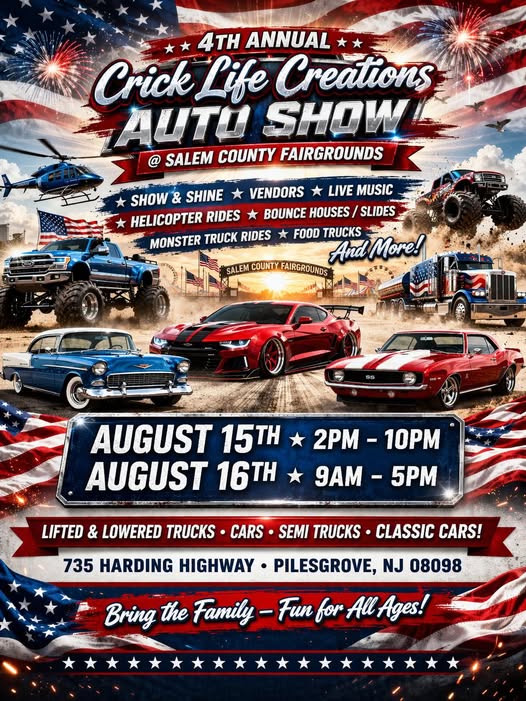 4th Annual Crick Life Creations Auto Show event at Salem County Fairgrounds in Pilesgrove, NJ on August 15, 2026