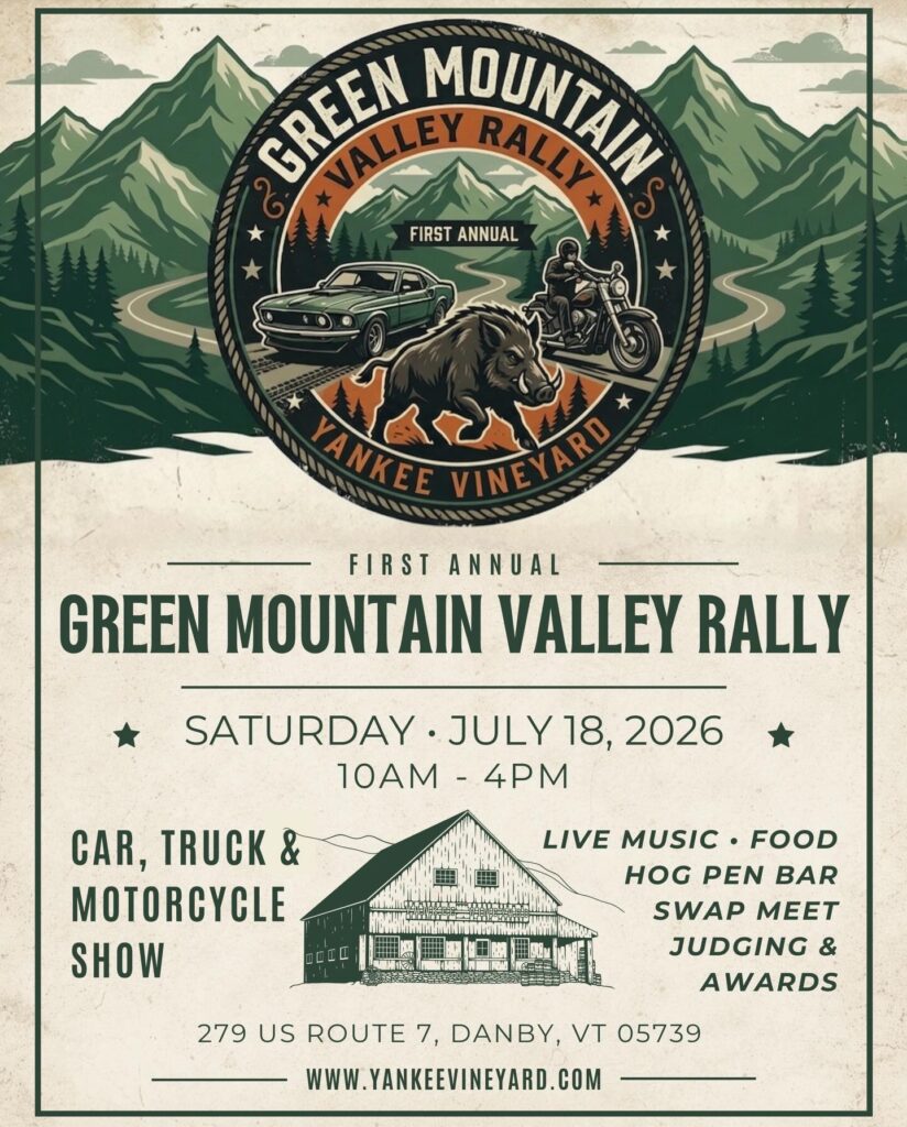 Green Mountain Valley Rally event at Yankee Vineyard in Danby, VT on July 18, 2026