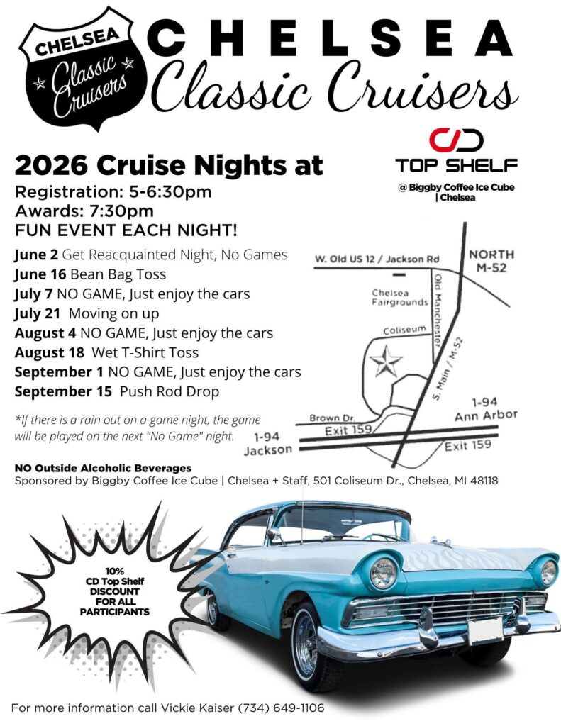 Chelsea Classic Cruisers 2026 Cruise Nights event at Biggby Coffee Ice Cube in Chelsea, MI on June 2, 2026