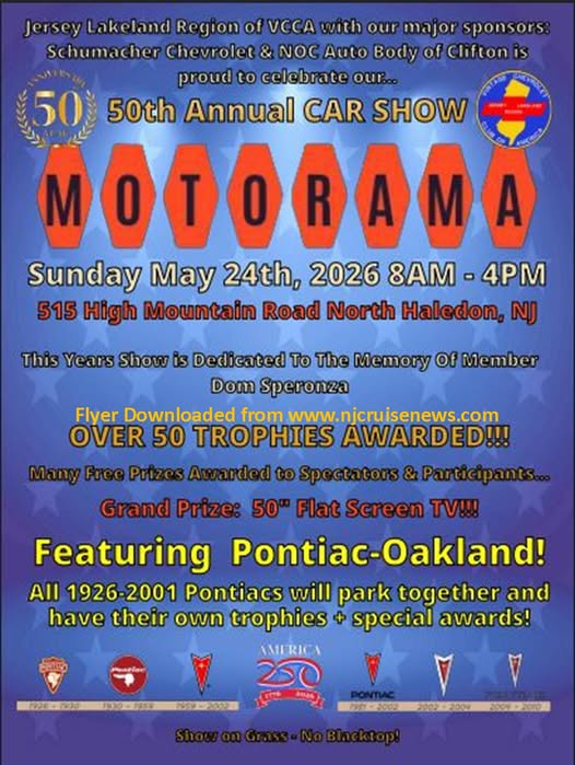 50th Annual CAR SHOW MOTORAMA event at 515 High Mountain Road in North Haledon, NJ on May 24, 2026