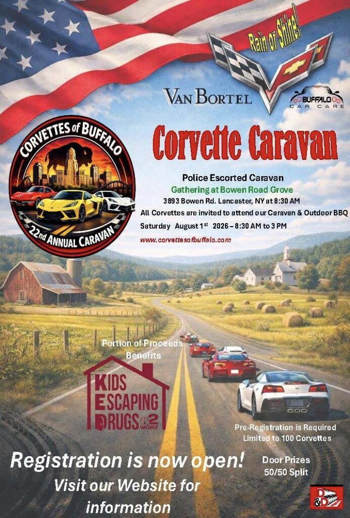 Corvettes of Buffalo Corvette Caravan event at Bowen Road Grove in Lancaster, NY on August 1, 2026