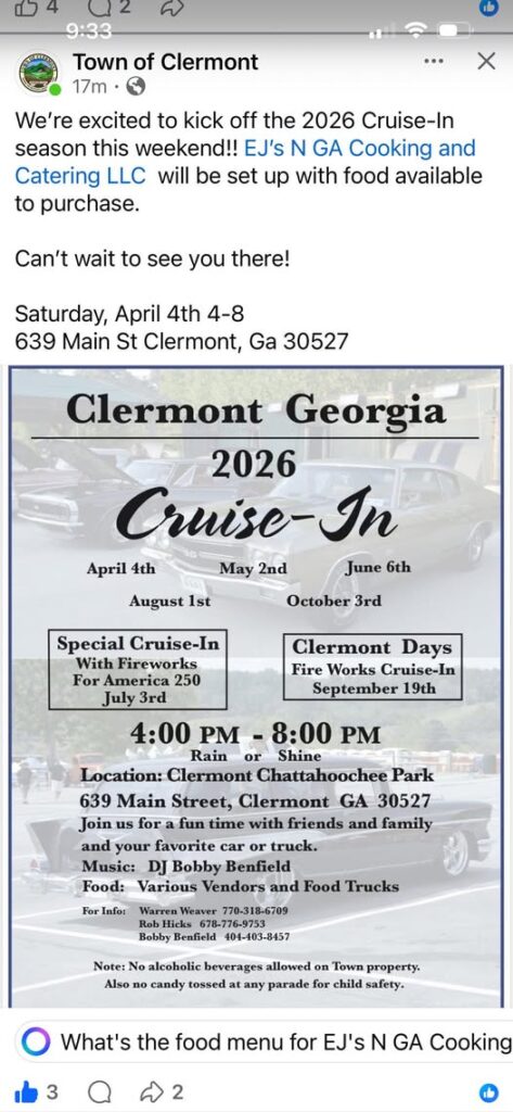 Clermont Georgia 2026 Cruise-In event at Clermont Chattahoochee Park in Clermont, GA on April 4, 2026