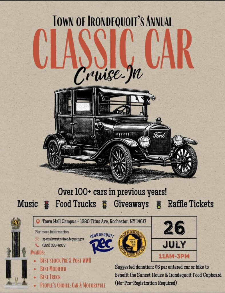 Town of Irondequoit's Annual Classic Car Cruise-In event at Town Hall Campus in Rochester, NY on July 26, 2026