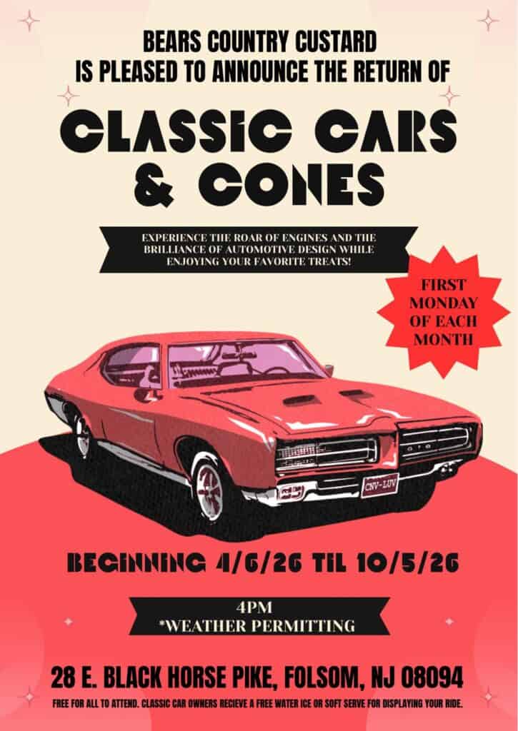 Bears Country Custard Classic Cars & Cones event at Bears Country Custard in Folsom, NJ on April 6, 2026
