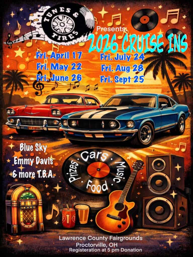 Tunes & Tires Cruise In event at Lawrence County Fairgrounds in Proctorville, OH on April 17, 2026