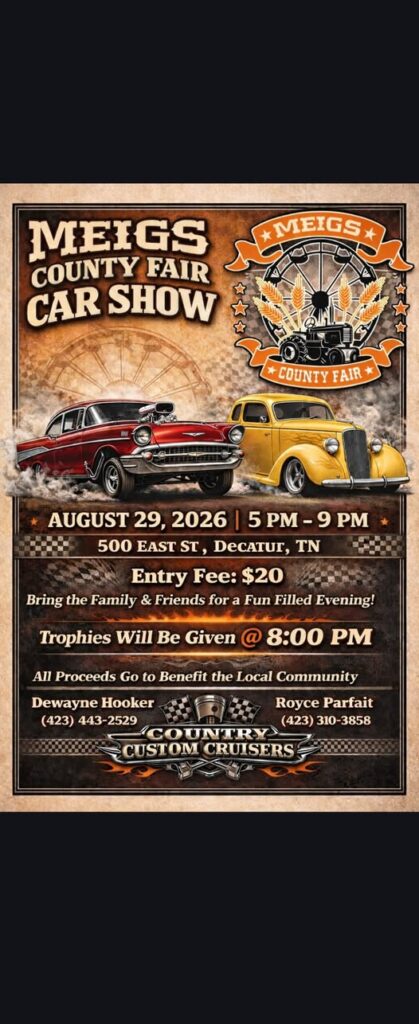 Meigs County Fair Car Show event at 500 East St in Decatur, TN on August 29, 2026
